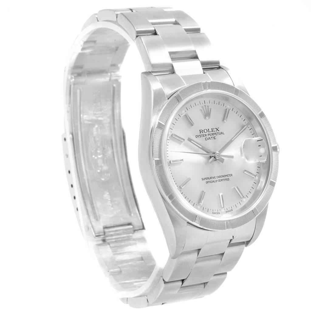 The image shows a Rolex Oyster Perpetual Date watch, highlighting the dial, case, and bracelet, angled slightly to the left.