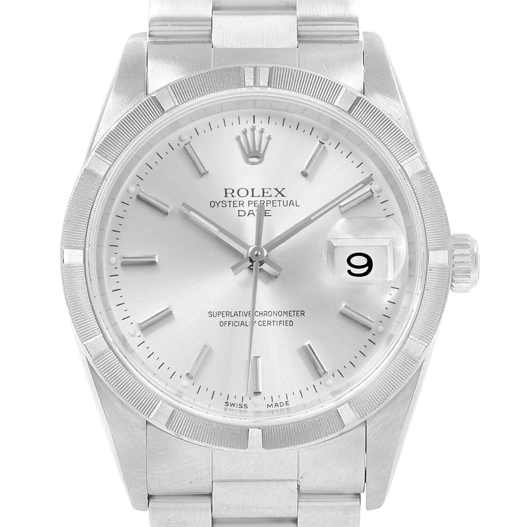 The image shows a front view of the dial, bezel, crown, and bracelet of a Rolex Date 15210 Men's Stainless Steel Silver Dial 15210 Men's Stainless Steel Silver Dial model watch.