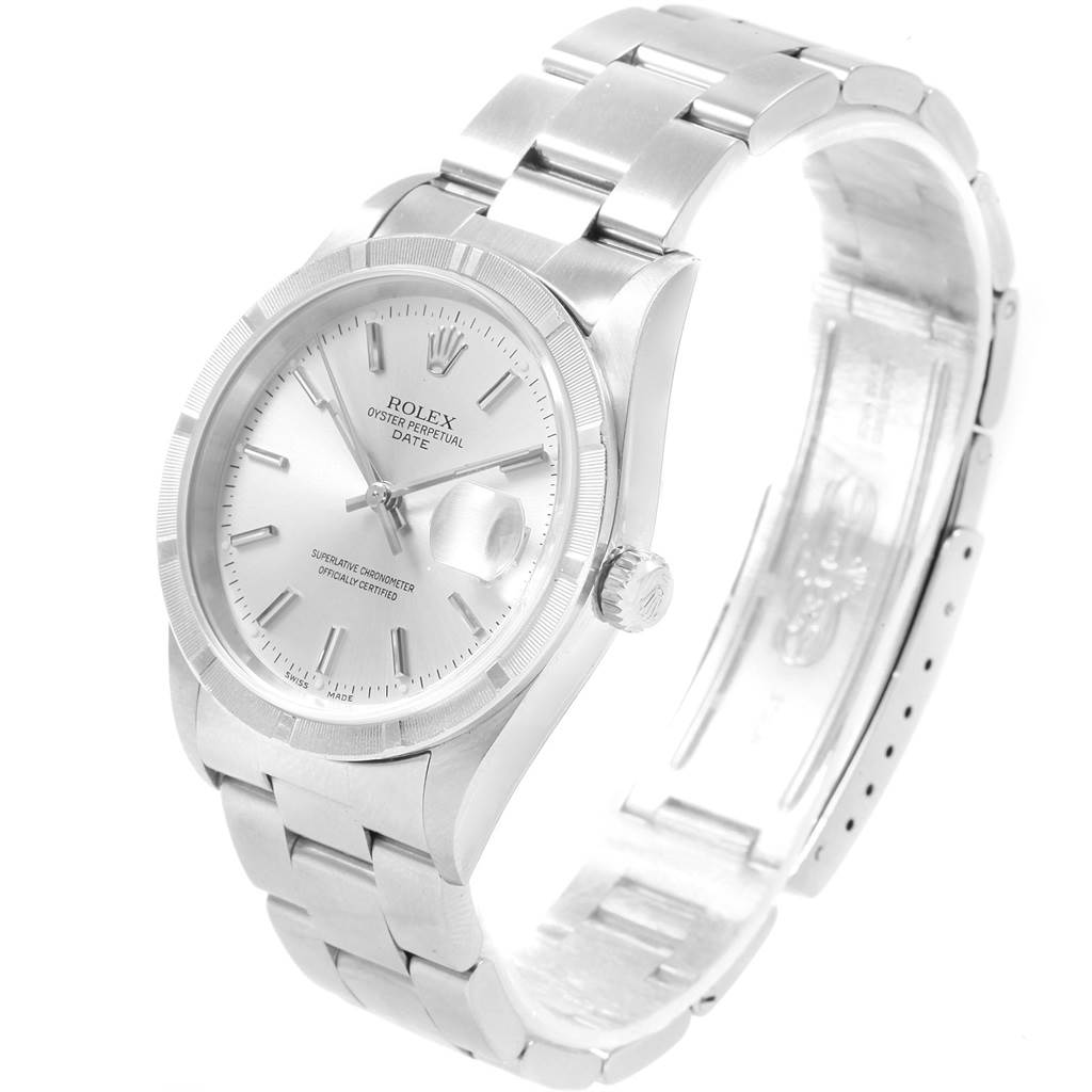 The image shows a front angled view of the Rolex Date 15210 Men's Stainless Steel Silver Dial 15210 Men's Stainless Steel Silver Dial model watch, highlighting the face, bezel, crown, and bracelet.