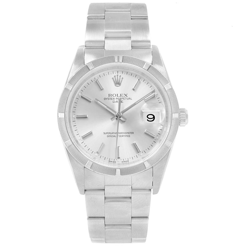 The image shows a Rolex Date 15210 Men's Stainless Steel Silver Dial 15210 Men's Stainless Steel Silver Dial model watch from a front angle, displaying its dial, bezel, bracelet, and date window.