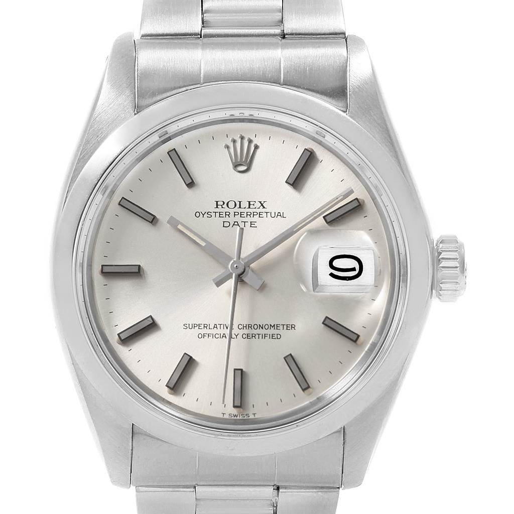 The image shows a front view of the Rolex Date 1500 Men's Stainless Steel Silver Dial 1500 Men's Stainless Steel Silver Dial model watch, highlighting the dial, hands, date window, and part of the bracelet.