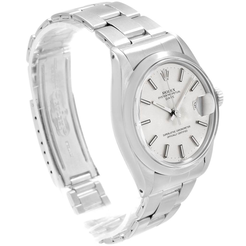 The image shows a Rolex Date 1500 Men's Stainless Steel Silver Dial 1500 Men's Stainless Steel Silver Dial model watch from a three-quarter angle, highlighting the dial, bracelet, and clasp.