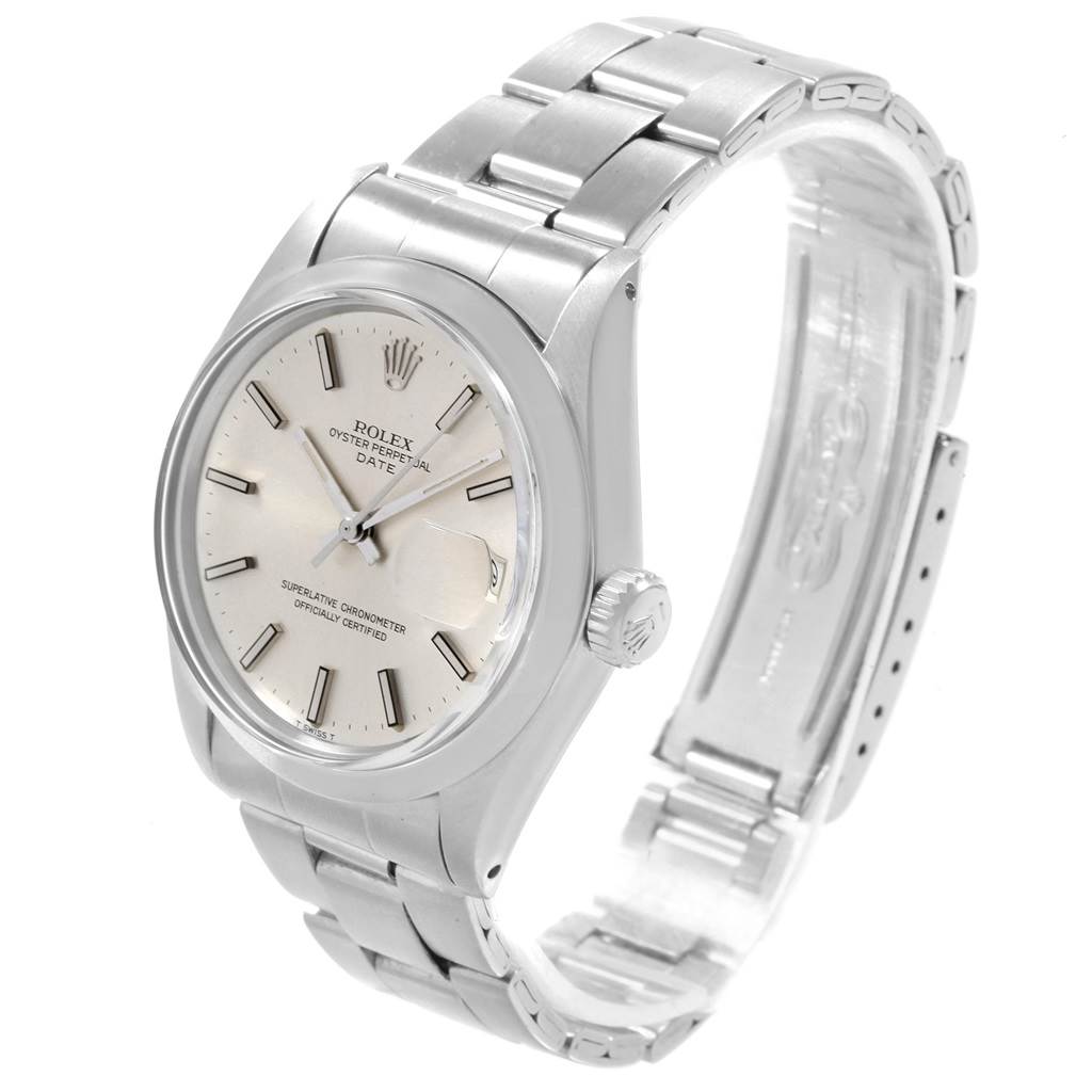 The image shows a Rolex Date 1500 Men's Stainless Steel Silver Dial 1500 Men's Stainless Steel Silver Dial model watch at a three-quarter angle, highlighting its face, case, and bracelet.