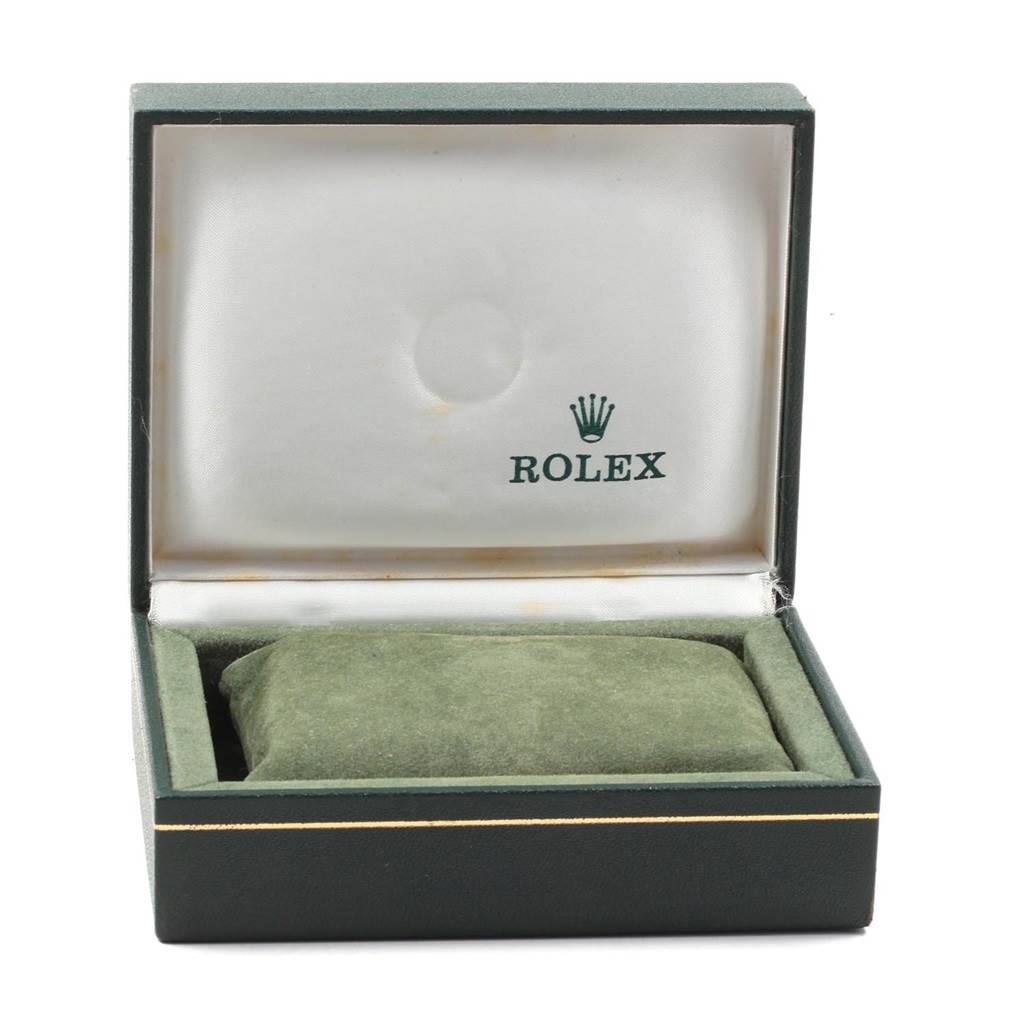 The image shows an open Rolex Date 1500 Men's Stainless Steel Silver Dial 1500 Men's Stainless Steel Silver Dial model watch box, displaying the cushion and interior branding.