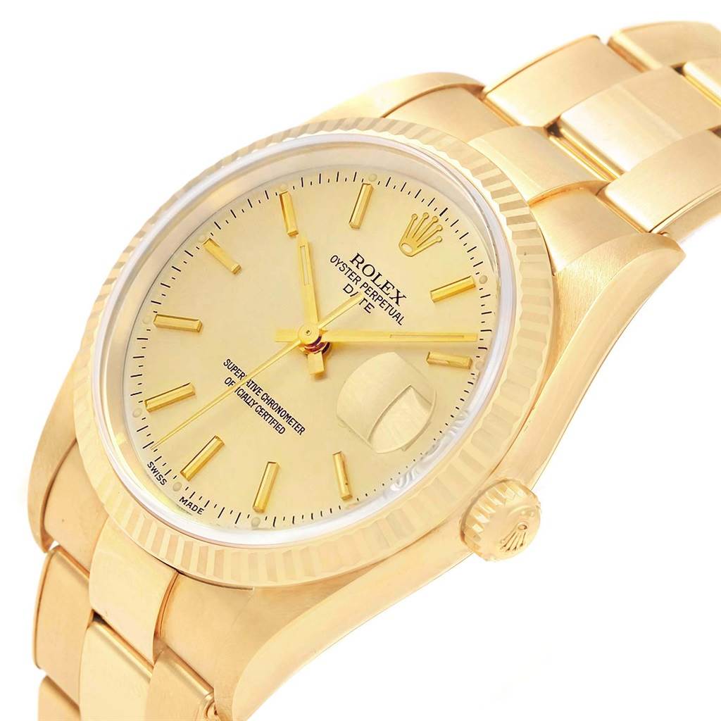 The image displays a Rolex Date 15238 Men's Yellow Gold Champagne Dial 15238 Men's Yellow Gold Champagne Dial watch from an angled perspective, showcasing the dial, bezel, crown, and part of the bracelet.
