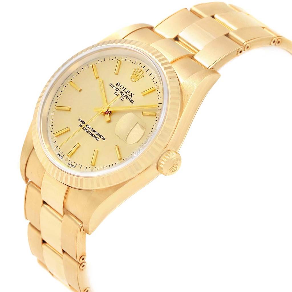 The image shows a Rolex Date 15238 Men's Yellow Gold Champagne Dial 15238 Men's Yellow Gold Champagne Dial model watch at a slight angle, displaying its gold bracelet, bezel, crown, and dial.