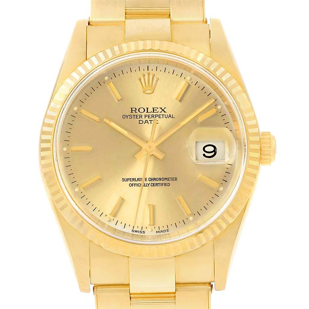 This Rolex Oyster Perpetual Date model watch is shown from a front angle, highlighting its gold dial, hands, and date window.