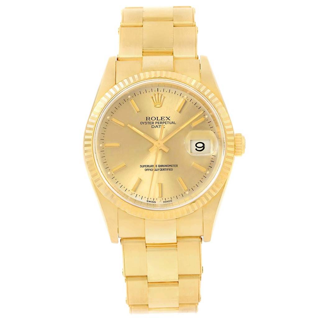 The image shows a Rolex Oyster Perpetual Date watch, highlighting its gold bracelet, dial, bezel, and date window.