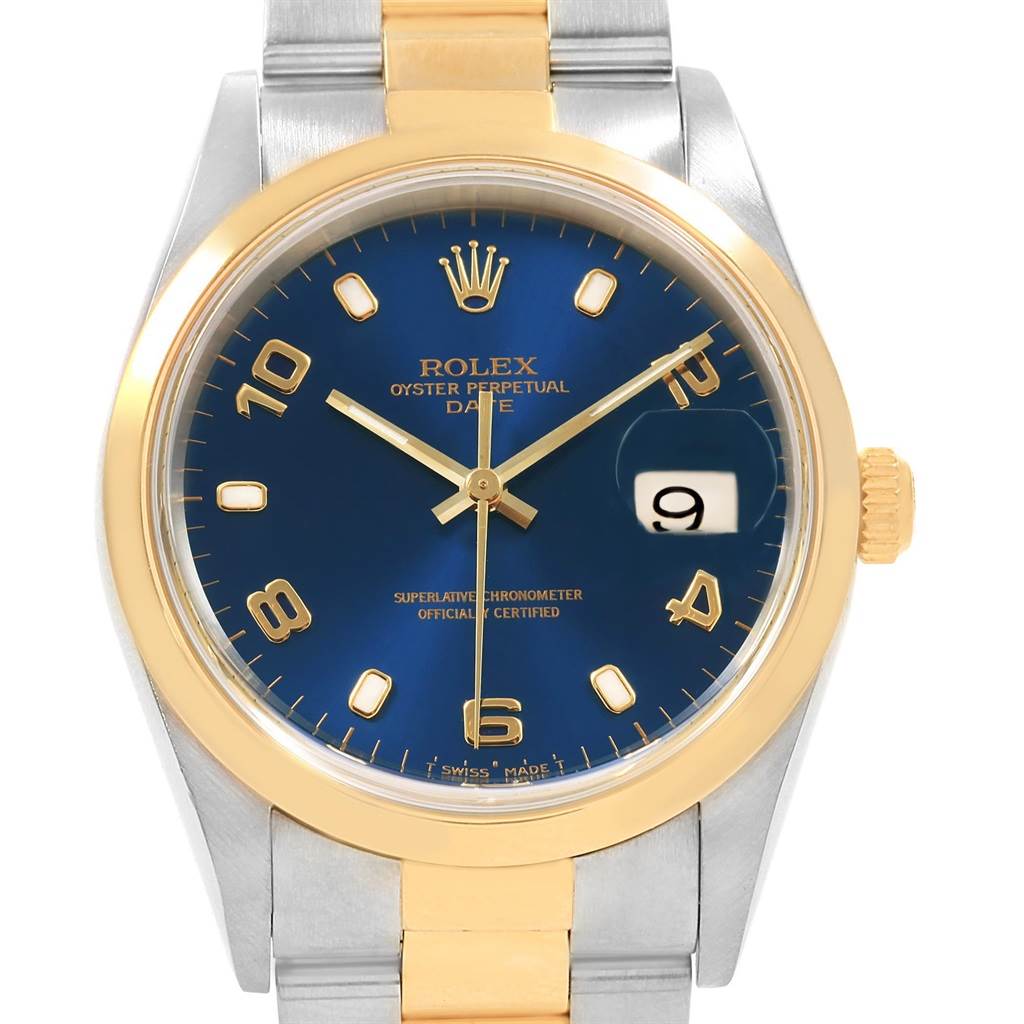 This image shows a front view of a Rolex Oyster Perpetual Date watch with a blue dial and a gold bezel and crown.