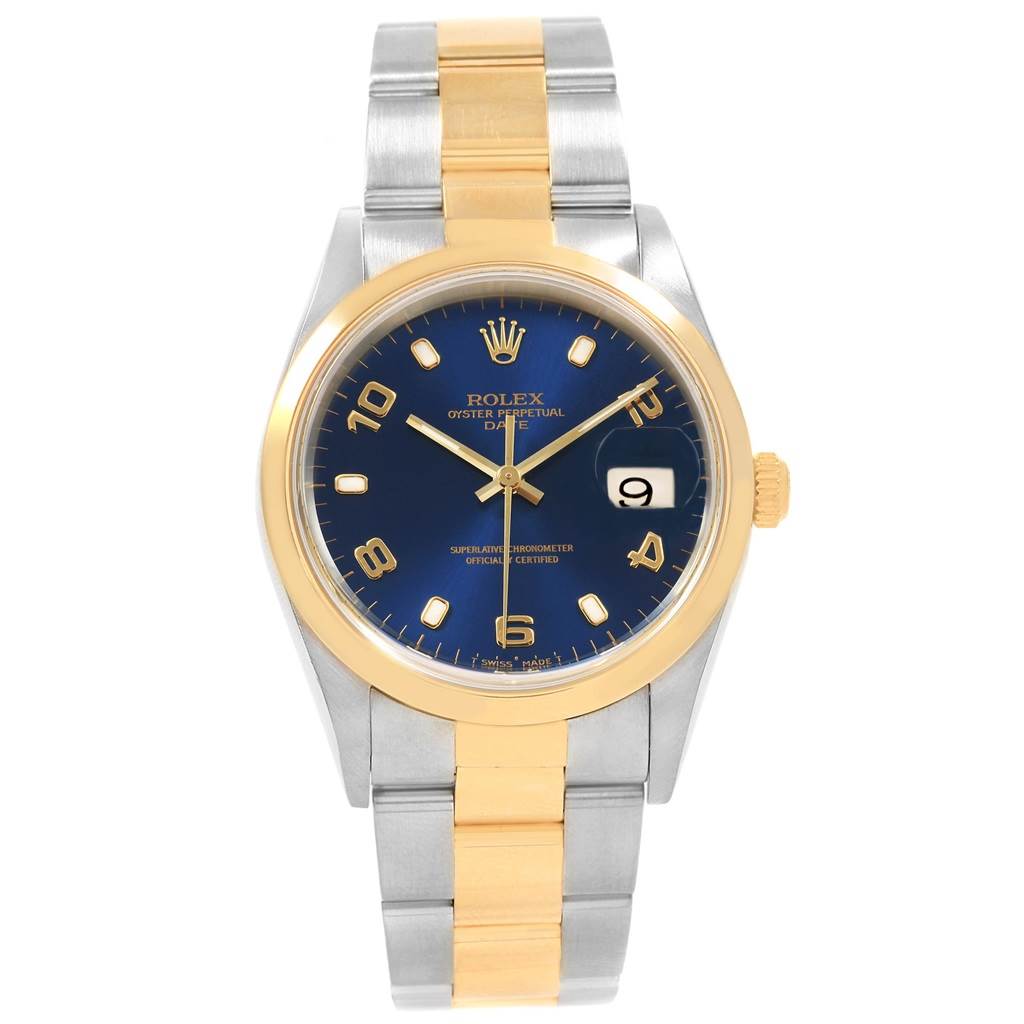 The image shows a front view of a Rolex Oyster Perpetual Date watch, featuring a blue dial, gold accents, and a two-tone metal bracelet.