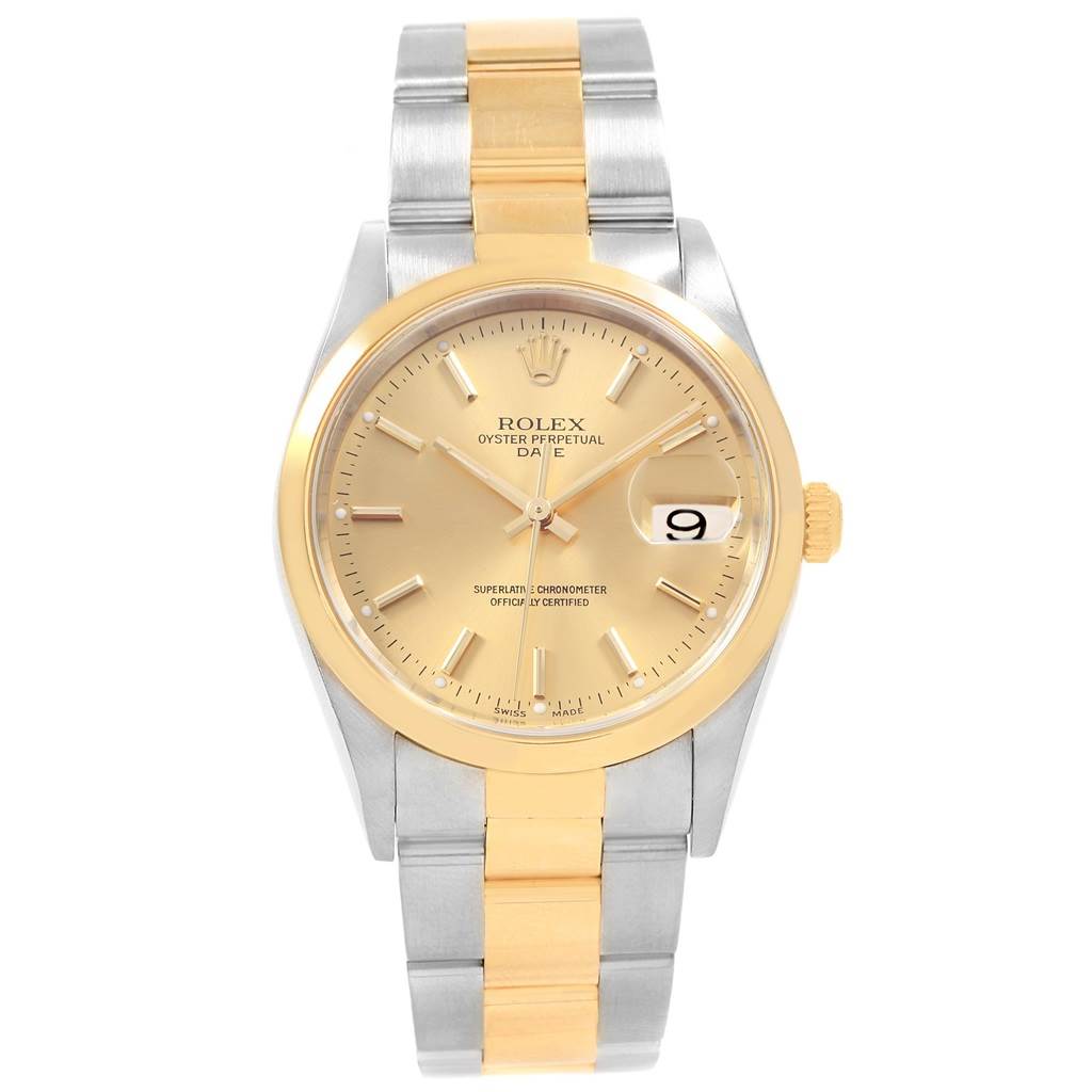 This image shows a Rolex Date 15203 Men's Steel and Gold (two tone) Champagne Dial 15203 Men's Steel and Gold (two tone) Champagne Dial model watch, featuring its face, bezel, and two-tone bracelet from a front-angle view.