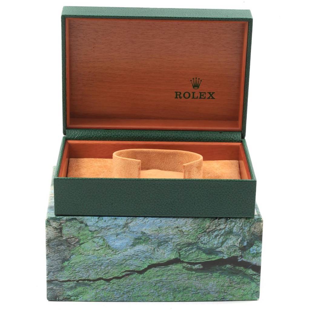 The image shows an open Rolex Date 15203 Men's Steel and Gold (two tone) Champagne Dial 15203 Men's Steel and Gold (two tone) Champagne Dial watch box and cushion from a frontal angle, with no watch inside.