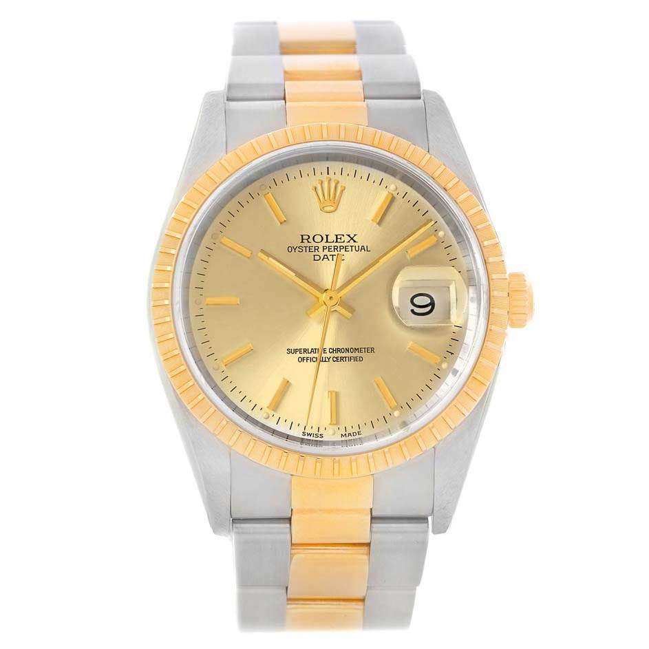 The Rolex Date 15223 Men's Steel and Gold (two tone) Champagne Dial 15223 Men's Steel and Gold (two tone) Champagne Dial model watch is shown from a straight-on angle, highlighting its dial, bezel, bracelet, and date window.