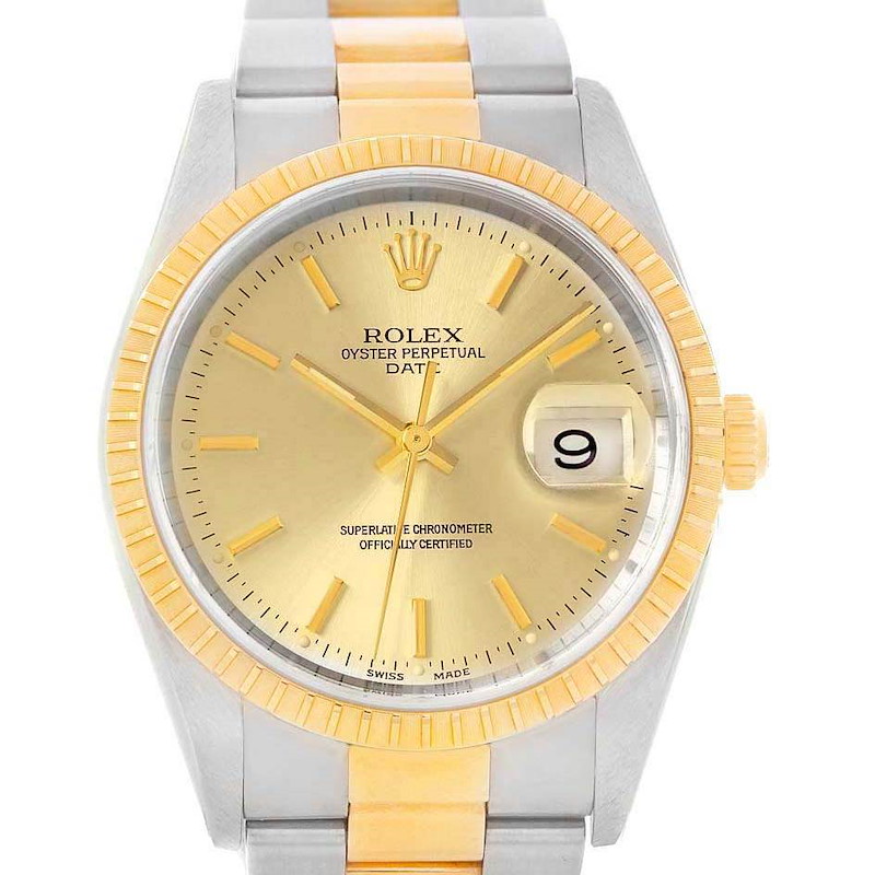 Rolex Date Mens Steel 18k Yellow Gold Baton Dial Mens Watch 15223 SwissWatchExpo