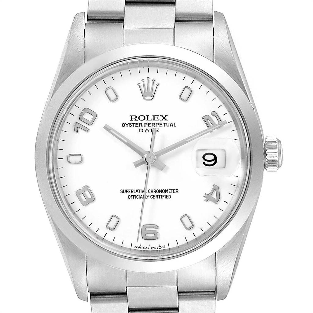 This image shows a front view of the Rolex Date 15200 Men's Stainless Steel White Dial 15200 Men's Stainless Steel White Dial model watch, highlighting the dial, hands, markers, crown, and bracelet.