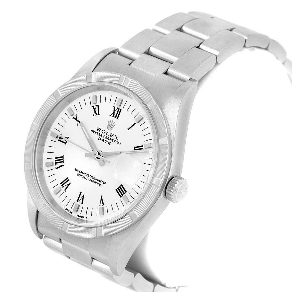 The image shows the front and side angle of a Rolex Date 15210 Men's Stainless Steel White Dial 15210 Men's Stainless Steel White Dial model watch, highlighting the dial, bezel, and bracelet.