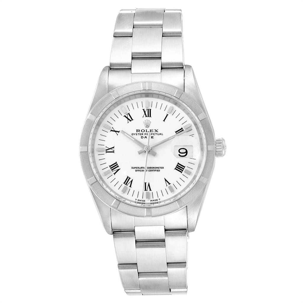 The image shows a front view of a Rolex Date 15210 Men's Stainless Steel White Dial 15210 Men's Stainless Steel White Dial model watch, displaying its face, bezel, and bracelet.