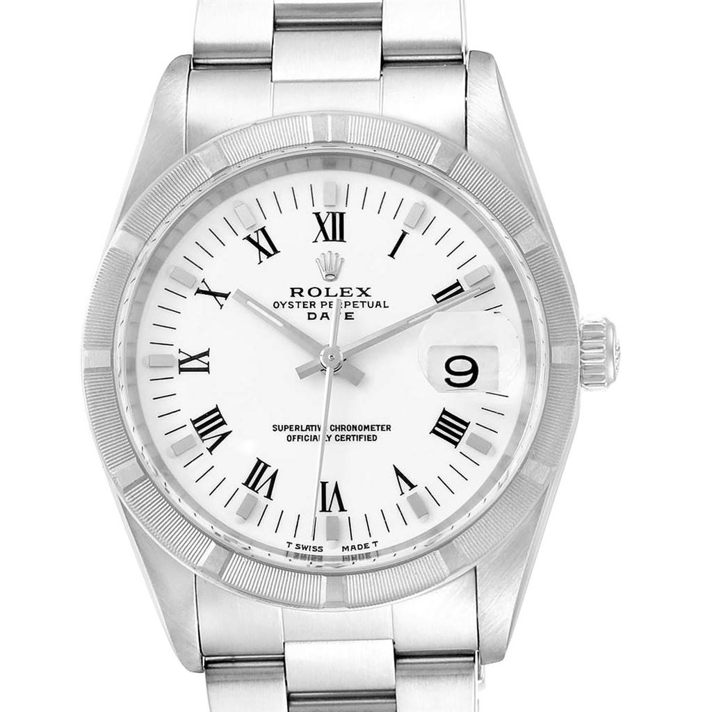 The image shows a front view of the Rolex Date 15210 Men's Stainless Steel White Dial 15210 Men's Stainless Steel White Dial model watch, displaying its dial, bezel, crown, and part of the bracelet.