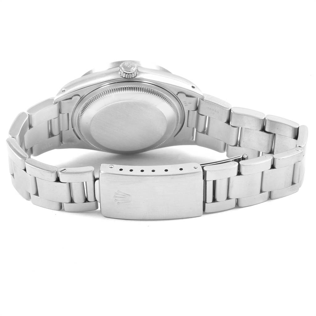 The image shows the back view of a Rolex Date 15210 Men's Stainless Steel White Dial 15210 Men's Stainless Steel White Dial model watch, highlighting the case back, crown, and bracelet with the clasp.