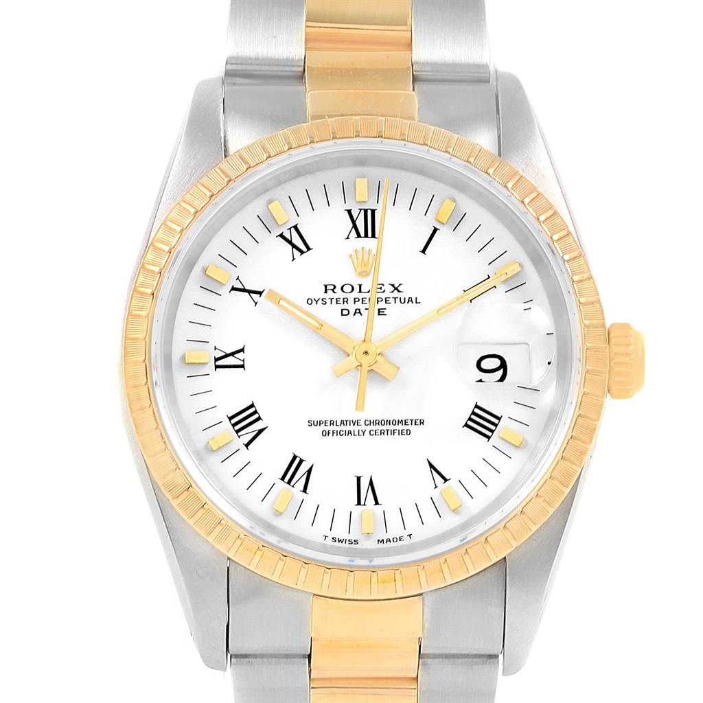 This image shows a front view of a Rolex Date 15223 Men's Steel and Gold (two tone) White Dial 15223 Men's Steel and Gold (two tone) White Dial watch, featuring a gold bezel, white dial, and two-tone bracelet.