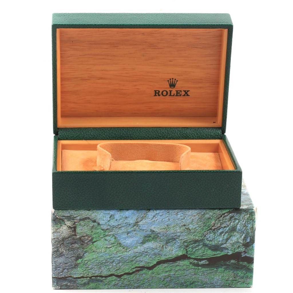 This image shows the open box for a Rolex Date 15223 Men's Steel and Gold (two tone) White Dial 15223 Men's Steel and Gold (two tone) White Dial watch, revealing its interior compartments.