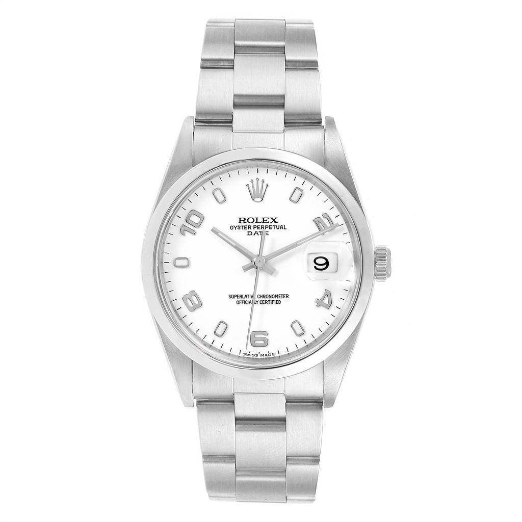 The Rolex Date 15200 Men's Stainless Steel White Dial 15200 Men's Stainless Steel White Dial watch is shown from a front angle, displaying its dial, hands, bezel, and bracelet.