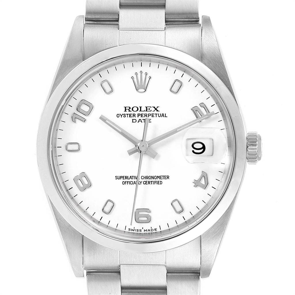 The image shows a front view of a Rolex Oyster Perpetual Date watch featuring a white dial and stainless steel bracelet.
