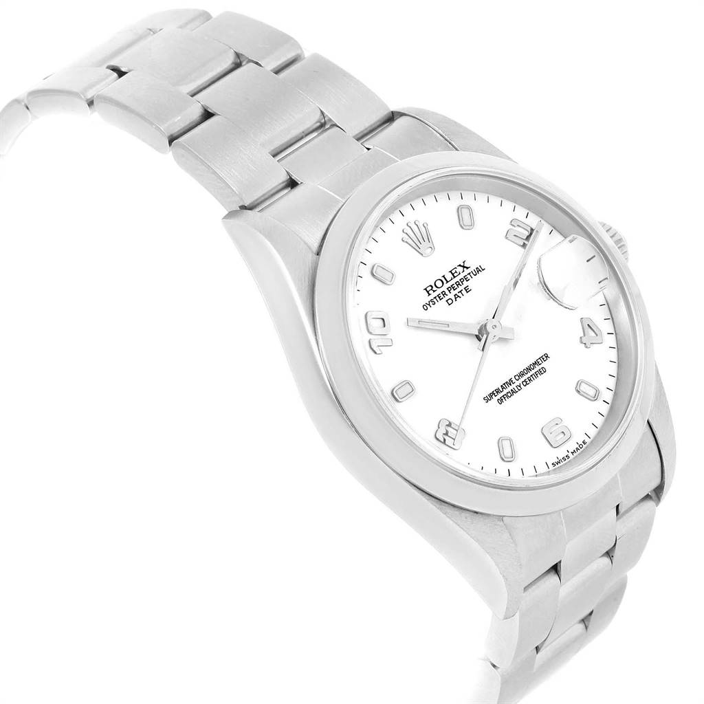 The image shows a Rolex Date 15200 Men's Stainless Steel White Dial 15200 Men's Stainless Steel White Dial model watch at a slight angle, displaying the dial, bezel, and part of the bracelet.