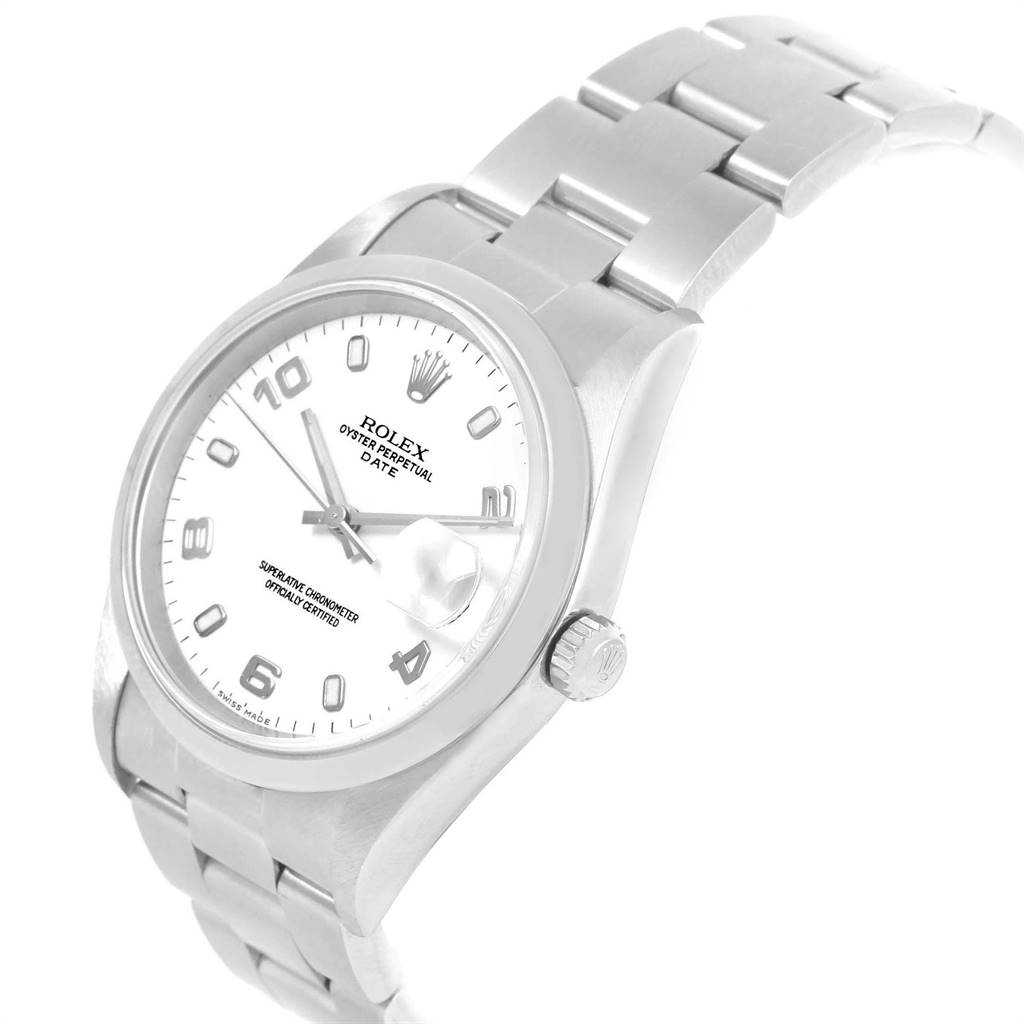 The image shows a Rolex Date 15200 Men's Stainless Steel White Dial 15200 Men's Stainless Steel White Dial model watch angled to display the dial, crown, and part of the bracelet.