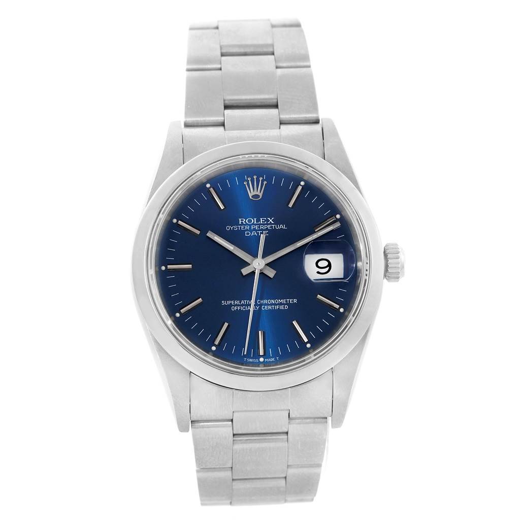 The Rolex Date 15200 Men's Stainless Steel Blue Dial 15200 Men's Stainless Steel Blue Dial model watch is shown from a front angle, displaying its blue dial, date window, and stainless steel bracelet.