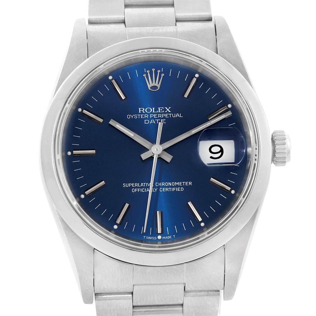 This image shows the Rolex Date 15200 Men's Stainless Steel Blue Dial 15200 Men's Stainless Steel Blue Dial model watch face and part of its metal bracelet, viewed from the front.