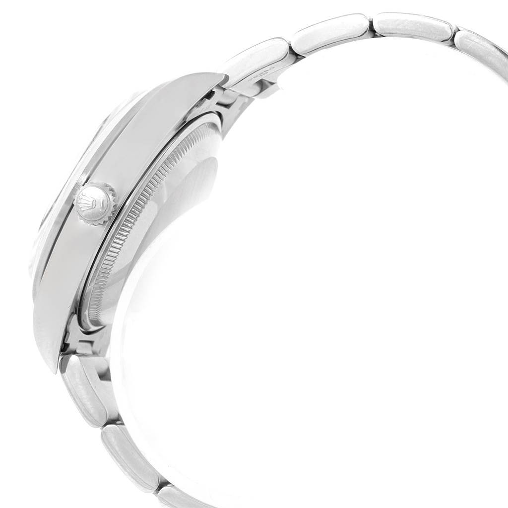 The image displays a side view of a Rolex Date 15200 Men's Stainless Steel Blue Dial 15200 Men's Stainless Steel Blue Dial model, showing its bezel, crown, case, and part of the bracelet.