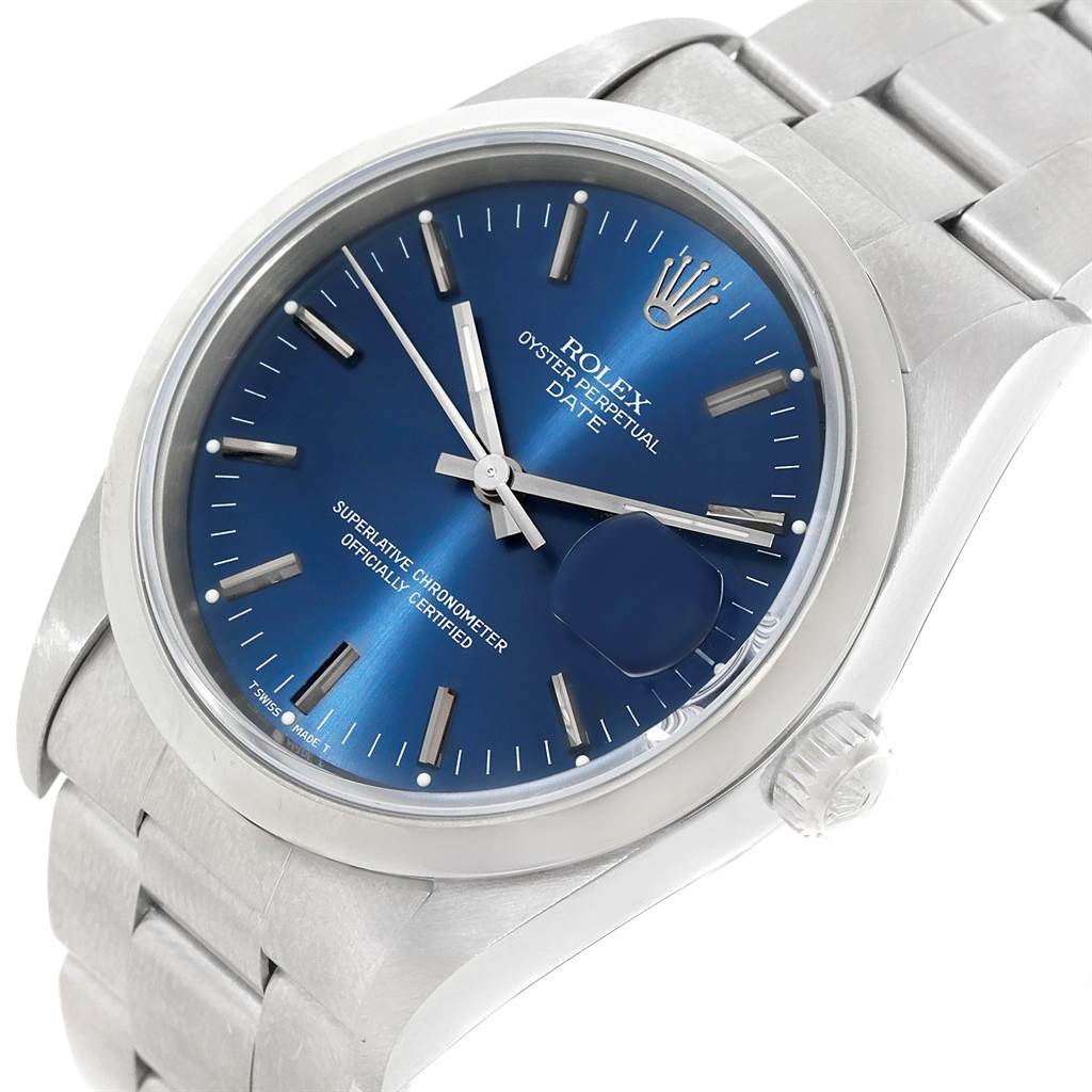 This image shows a Rolex Oyster Perpetual Date model watch from a slightly angled perspective, highlighting the face, bracelet, and crown.