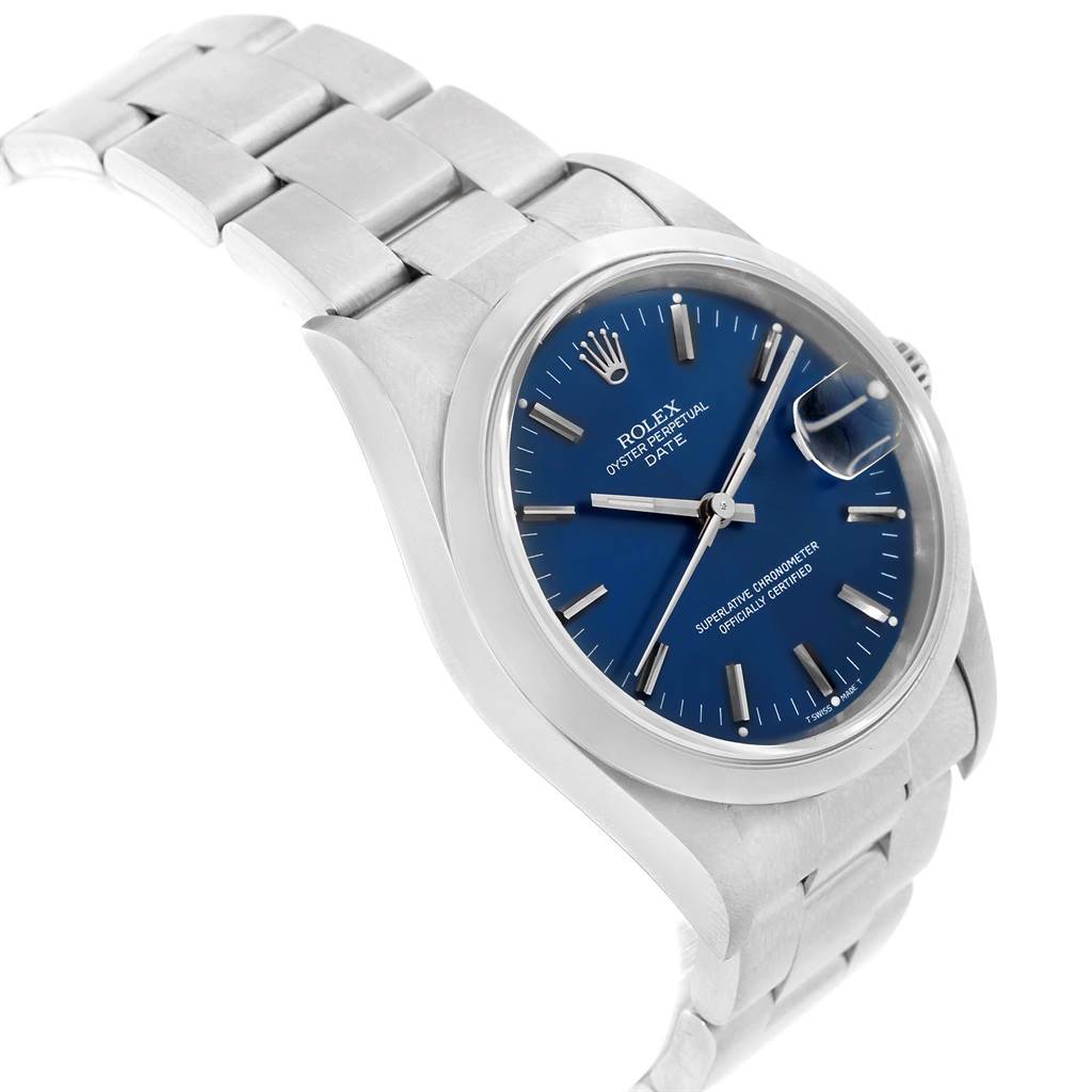 The Rolex Date 15200 Men's Stainless Steel Blue Dial 15200 Men's Stainless Steel Blue Dial watch is shown at an oblique angle highlighting the blue dial, case, and part of the bracelet.