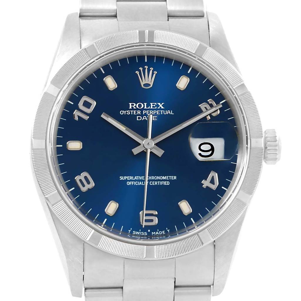 This image displays the front view of a Rolex Date 15210 Men's Stainless Steel Blue Dial 15210 Men's Stainless Steel Blue Dial watch, highlighting its blue dial, date function, and stainless steel band.