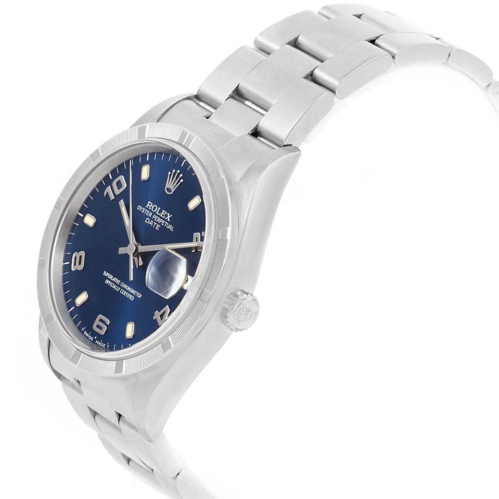 The Rolex Date 15210 Men's Stainless Steel Blue Dial 15210 Men's Stainless Steel Blue Dial model watch is shown from a three-quarter angle with a clear view of the face, bracelet, and crown.