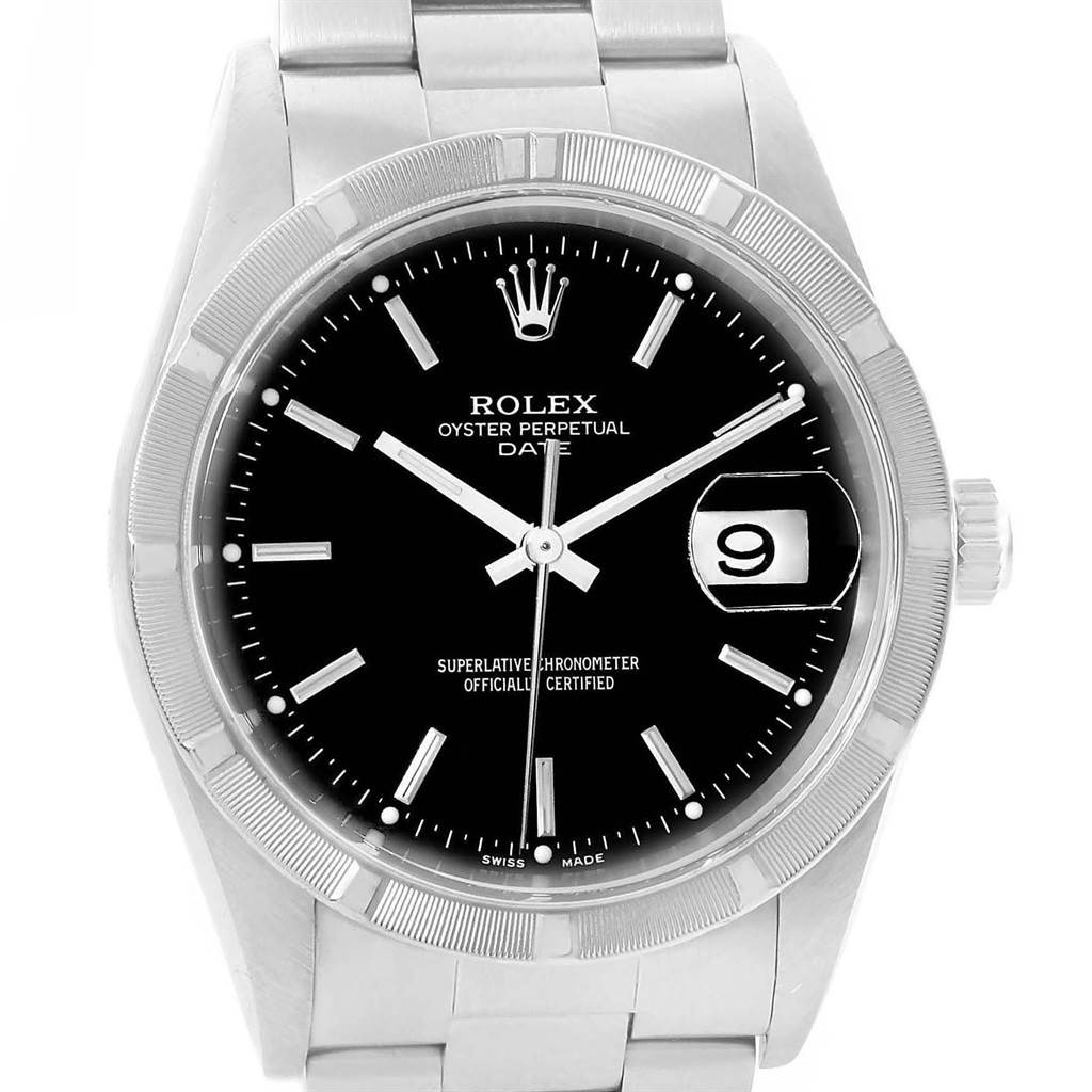This image shows a frontal view of a Rolex Date 15210 Men's Stainless Steel Black Dial 15210 Men's Stainless Steel Black Dial model watch, highlighting its black dial, date window, and metal bracelet.
