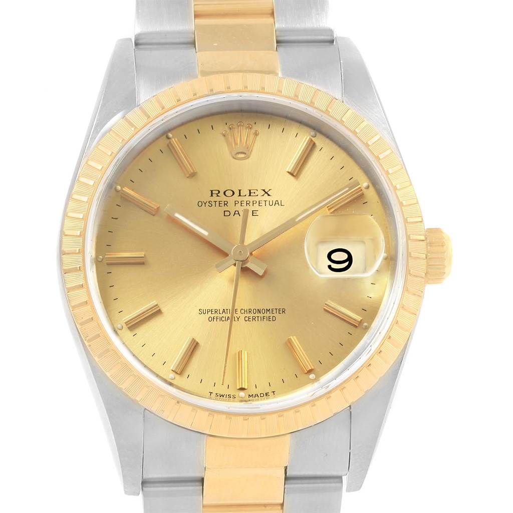 The image shows a front view of a Rolex Date 15223 Men's Steel and Gold (two tone) Champagne Dial 15223 Men's Steel and Gold (two tone) Champagne Dial model watch, showcasing its dial, bezel, and part of the bracelet.