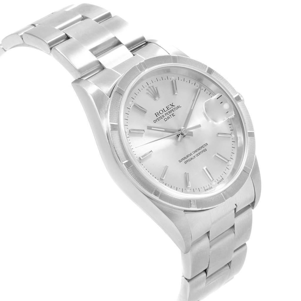 The Rolex Date 15210 Men's Stainless Steel Silver Dial 15210 Men's Stainless Steel Silver Dial watch is shown at an angled front view, highlighting the dial, bezel, and bracelet.
