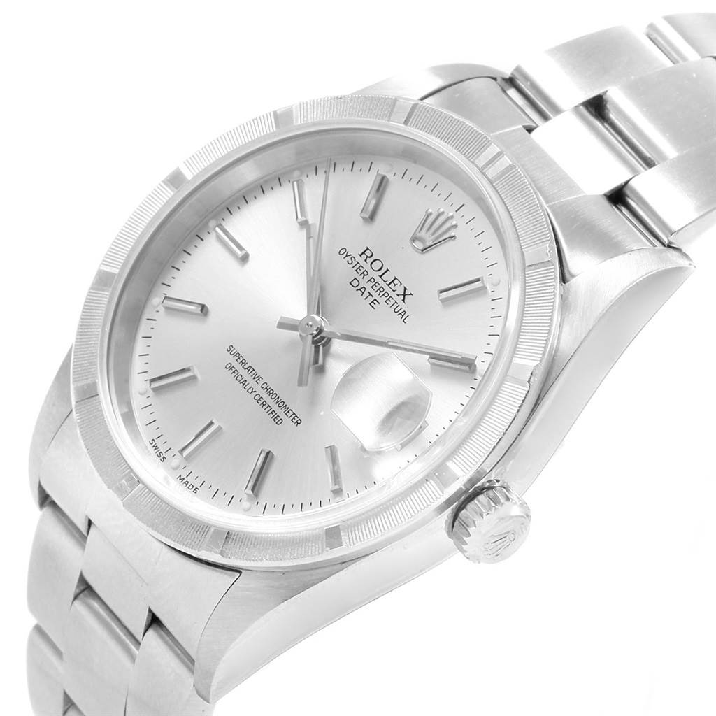 The Rolex Date 15210 Men's Stainless Steel Silver Dial 15210 Men's Stainless Steel Silver Dial model watch is shown at an angled view, highlighting the dial, bezel, crown, and part of the bracelet.