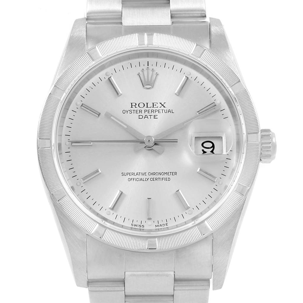 The image shows a frontal view of a Rolex Date 15210 Men's Stainless Steel Silver Dial 15210 Men's Stainless Steel Silver Dial model watch, displaying the dial, bezel, crown, and part of the bracelet.