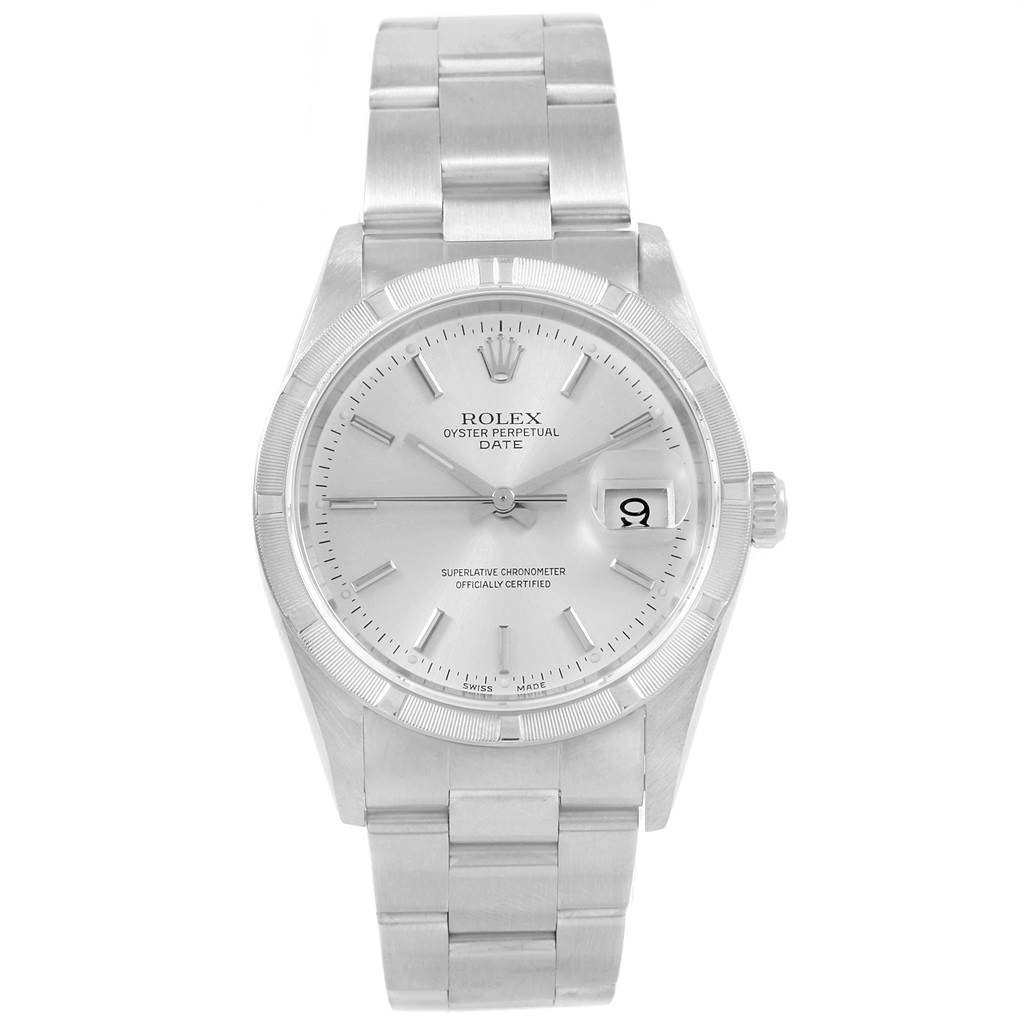 This is a front view of the Rolex Oyster Perpetual Date, showing the dial, hour markers, hands, date window, and metal bracelet.