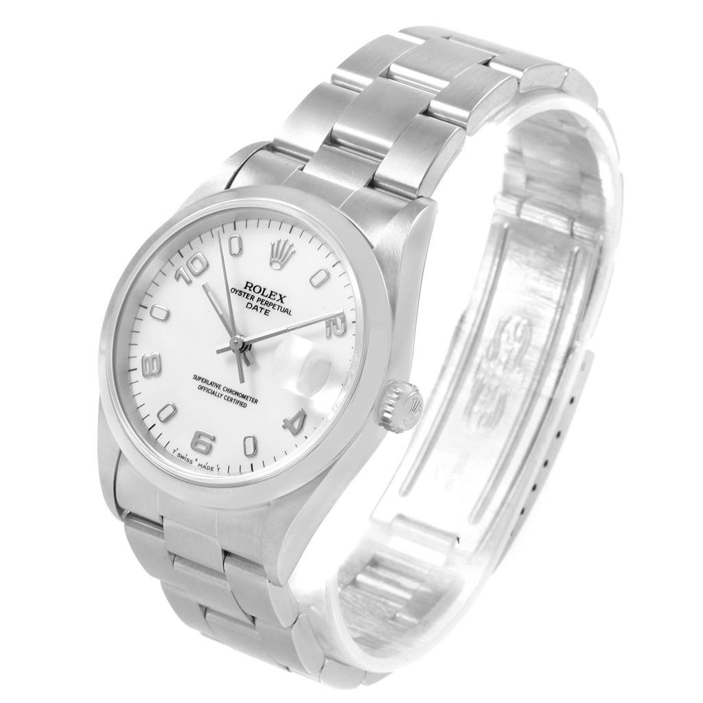 This image shows a Rolex Date 15200 Men's Stainless Steel White Dial 15200 Men's Stainless Steel White Dial model watch at a three-quarter angle, displaying the face, bezel, crown, and bracelet.