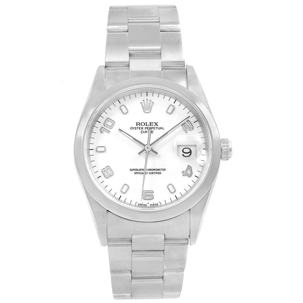 The image shows a frontal view of a Rolex Date 15200 Men's Stainless Steel White Dial 15200 Men's Stainless Steel White Dial model watch with a stainless steel bracelet and a white dial.