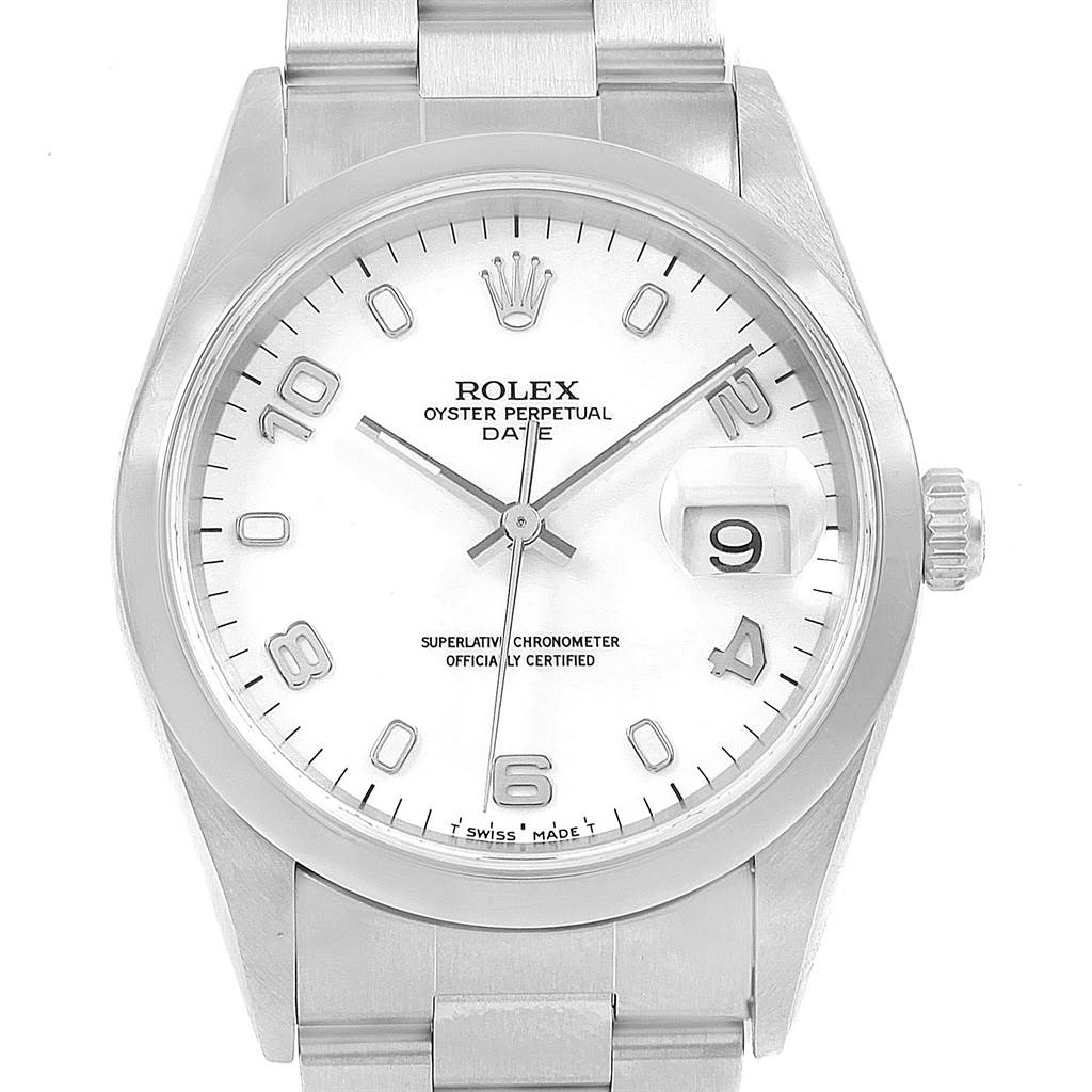 This image shows a front view of a Rolex Oyster Perpetual Date watch, highlighting the face, bezel, and part of the bracelet.
