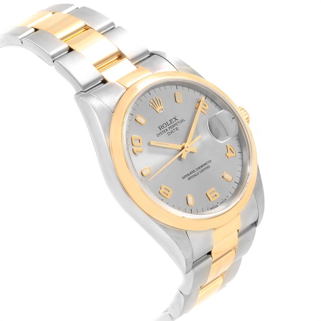 The image shows a Rolex Date 15203 Men's Steel and Gold (two tone) Grey Dial 15203 Men's Steel and Gold (two tone) Grey Dial model watch at a three-quarter angle, displaying the dial, bezel, and part of the bracelet.