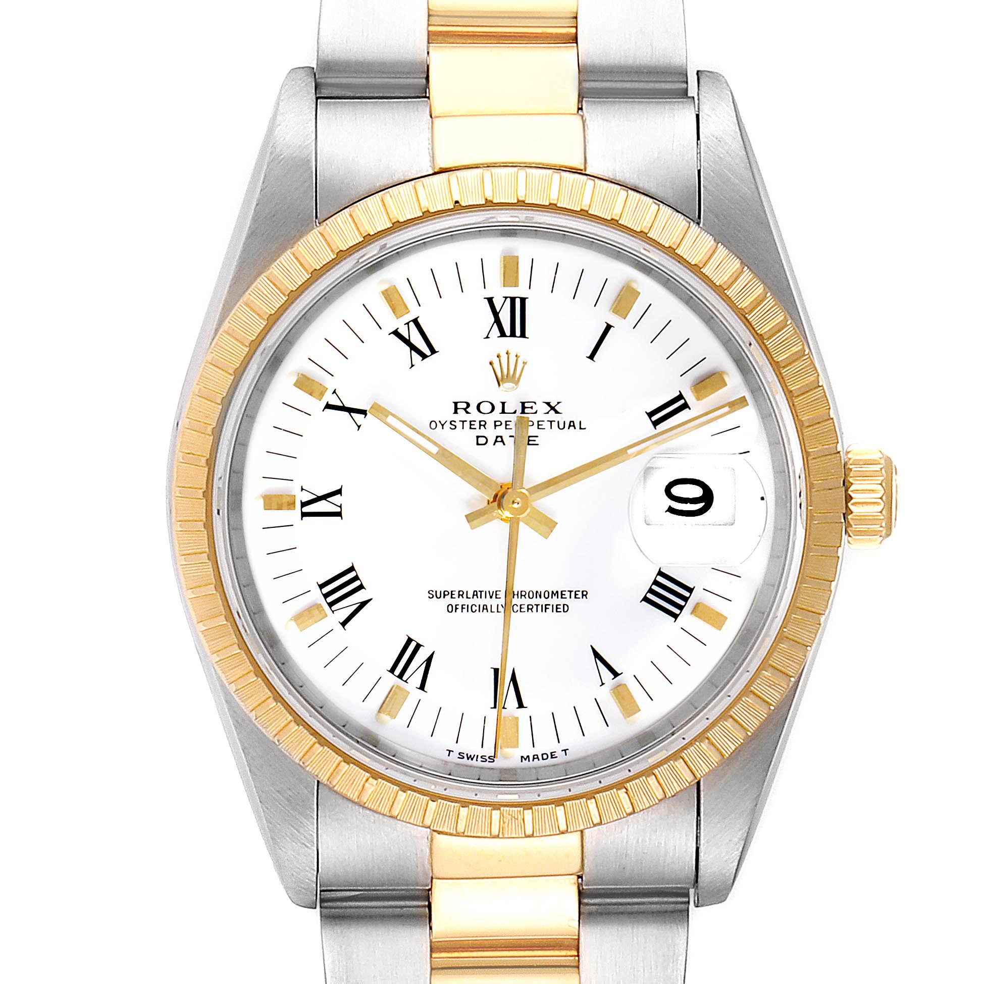 This image shows a Rolex Date 15223 Men's Steel and Gold (two tone) White Dial 15223 Men's Steel and Gold (two tone) White Dial model watch from a front angle, highlighting the dial, bezel, and part of the bracelet.