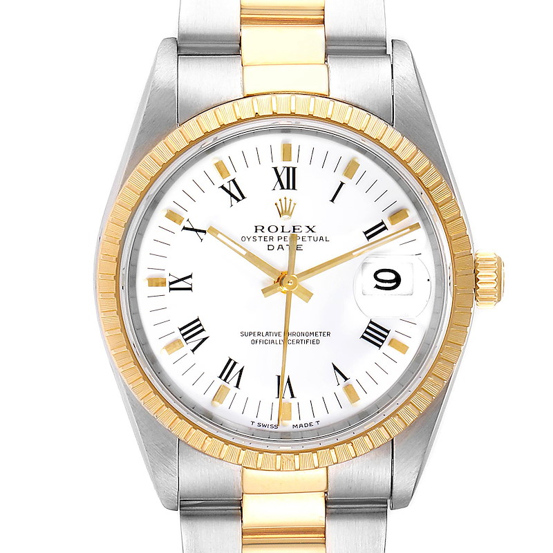 This image shows a Rolex Date model watch from a front angle, highlighting the dial, bezel, and part of the bracelet.