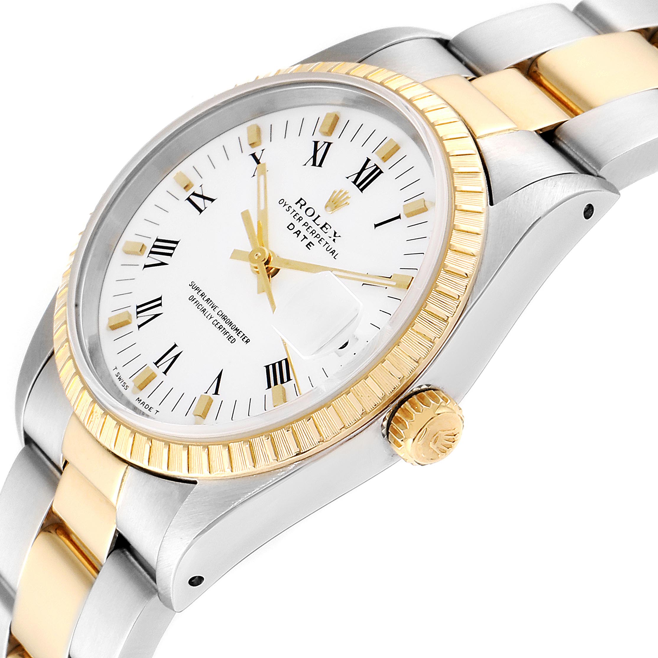 The image shows a close-up angled view of a Rolex Date 15223 Men's Steel and Gold (two tone) White Dial 15223 Men's Steel and Gold (two tone) White Dial watch, highlighting the face, bezel, and part of the bracelet.