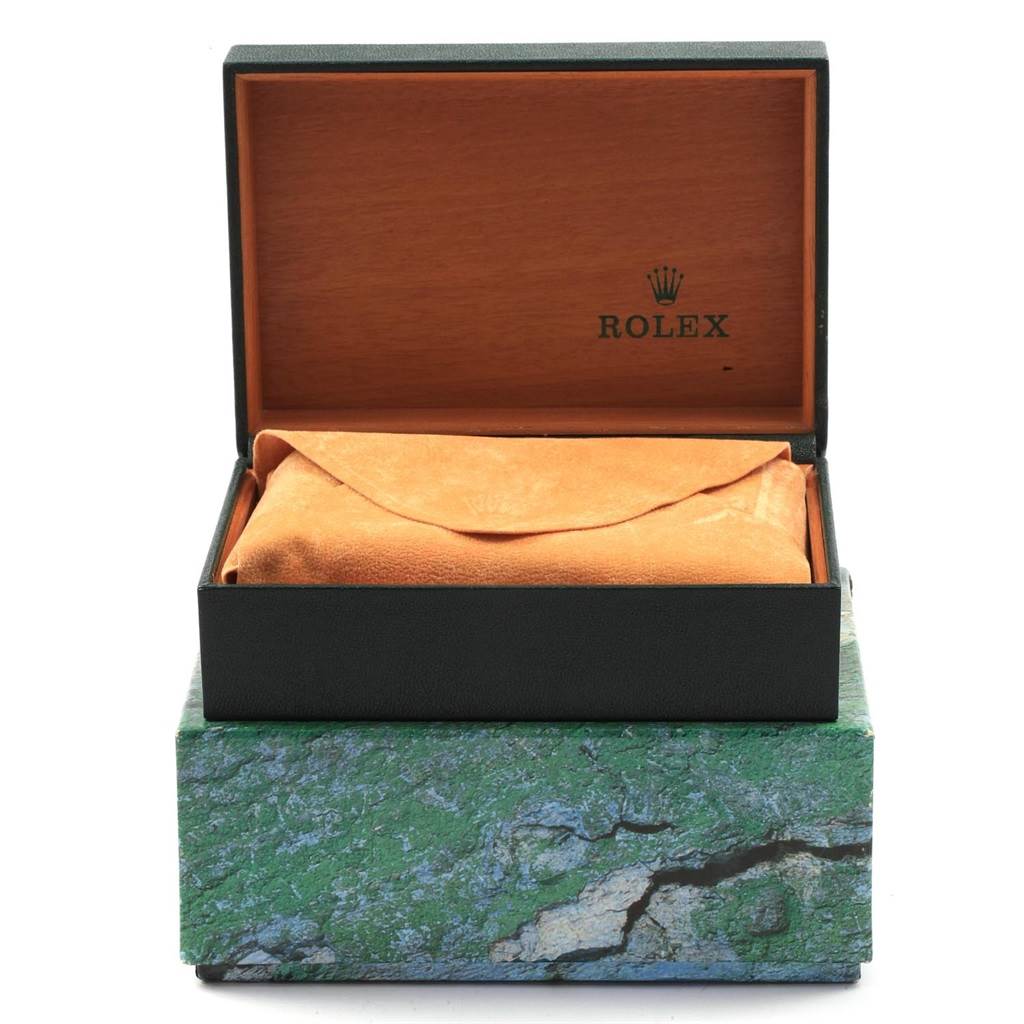 The image shows an open box for a Rolex Date 15223 Men's Steel and Gold (two tone) White Dial 15223 Men's Steel and Gold (two tone) White Dial model watch, revealing the orange protective pouch inside.